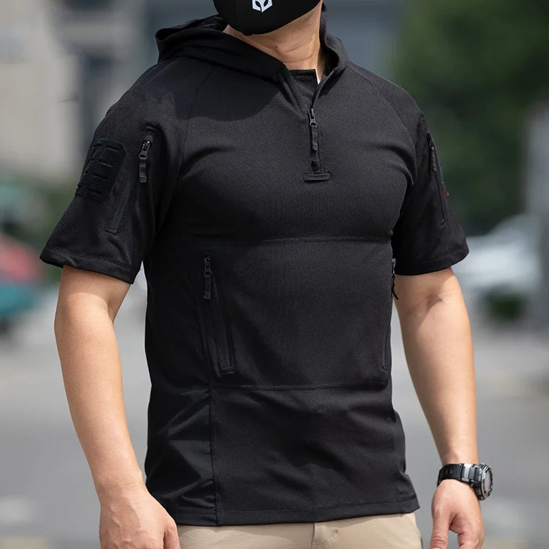 Summer Short Sleeve Hooded Tactical T-shirt Training Uniform Men's Breathable Quick Dry Outdoor Sports Hiking Camping T Shirt