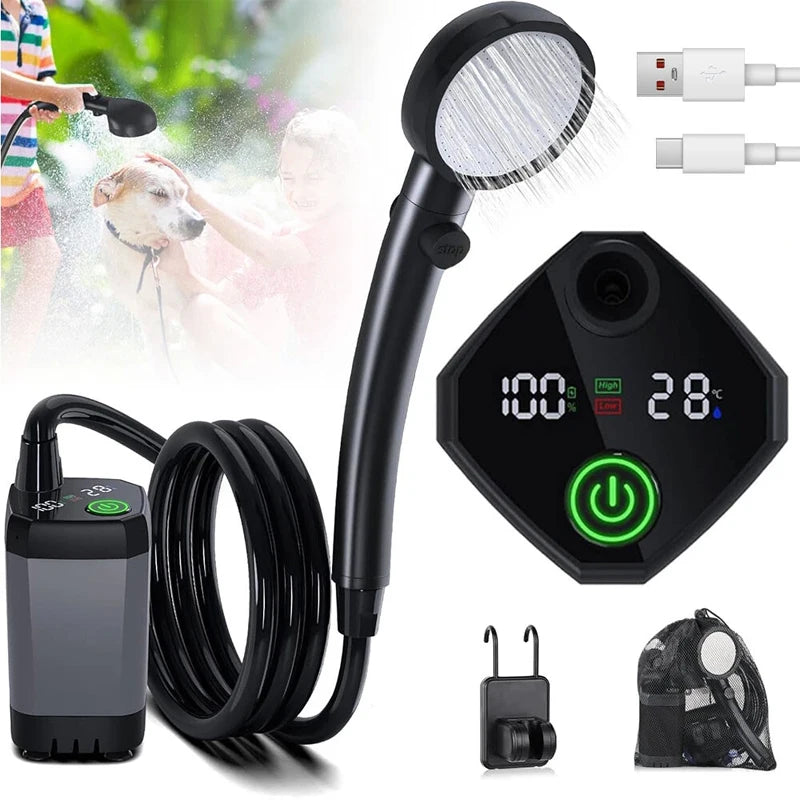 Outdoor Camping Shower Portable Electric Shower Pump Waterproof Adjustable, Shower Tool with 2M Hose, for Outdoor Home Cleaning