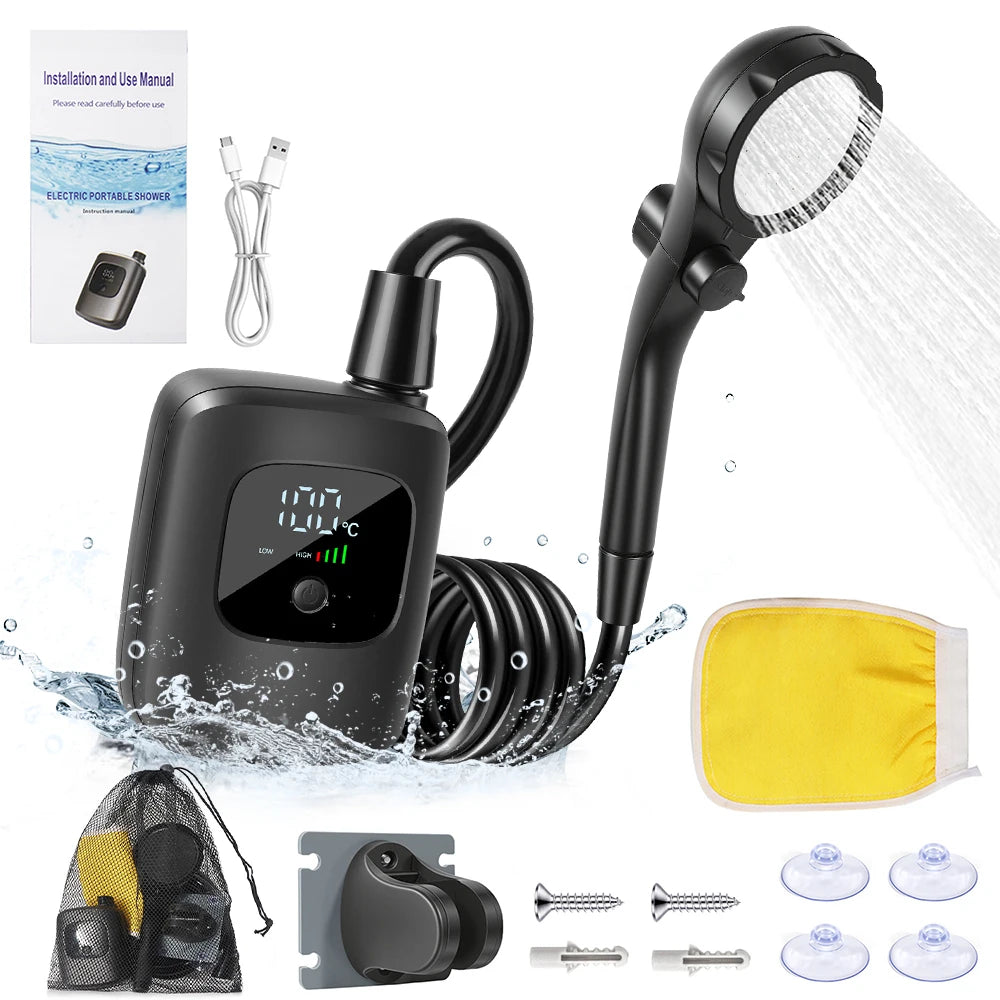 New Portable Camping Shower Pump Outdoor Shower Kit with Elements Filter, 3 Modes, Digital Display for Camping Pet Bath Car Wash