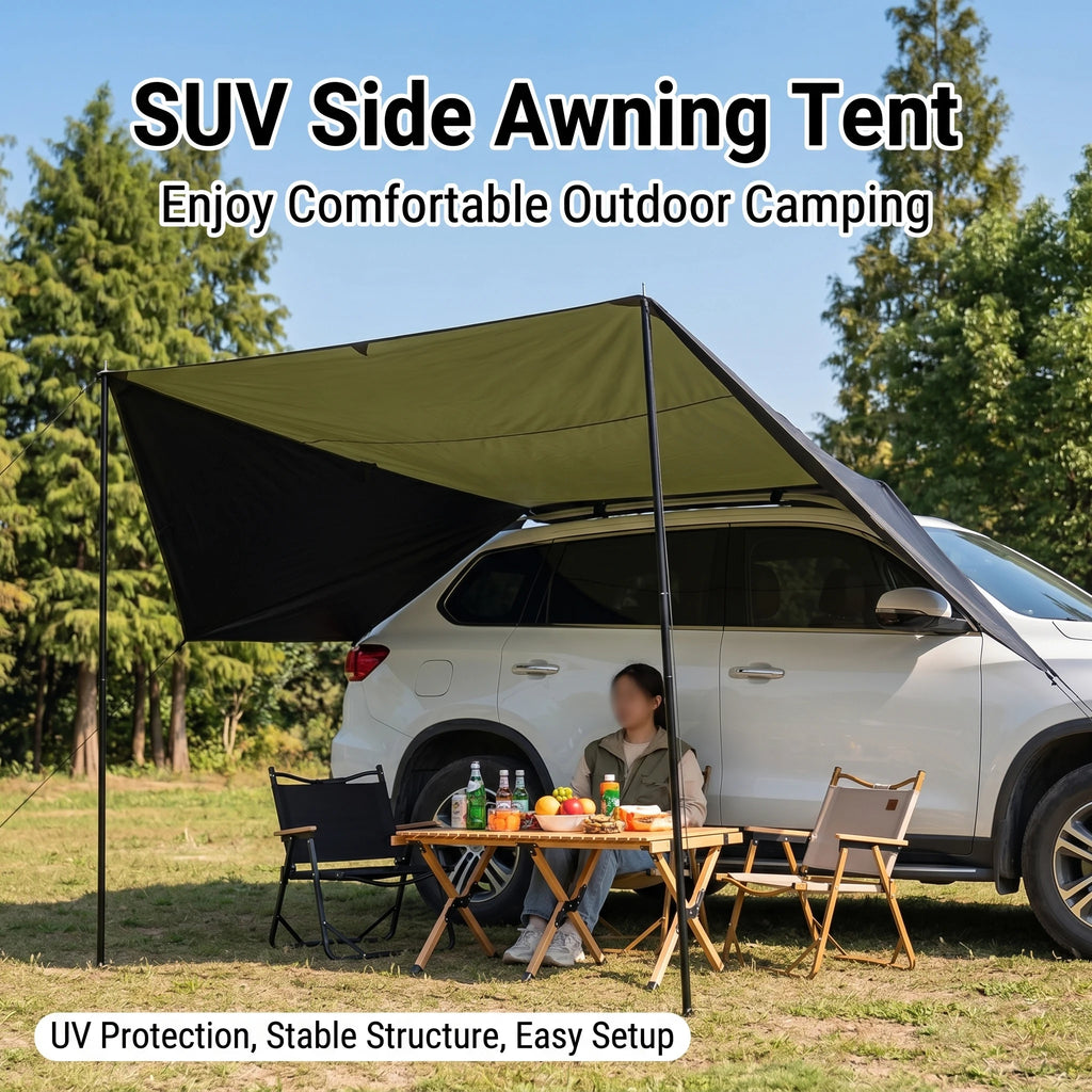 SUV Side Awning, Suction Cup Sun Shade Canopy, Silver Black Coated UV Protection Car Tent for Self-driving Camping
