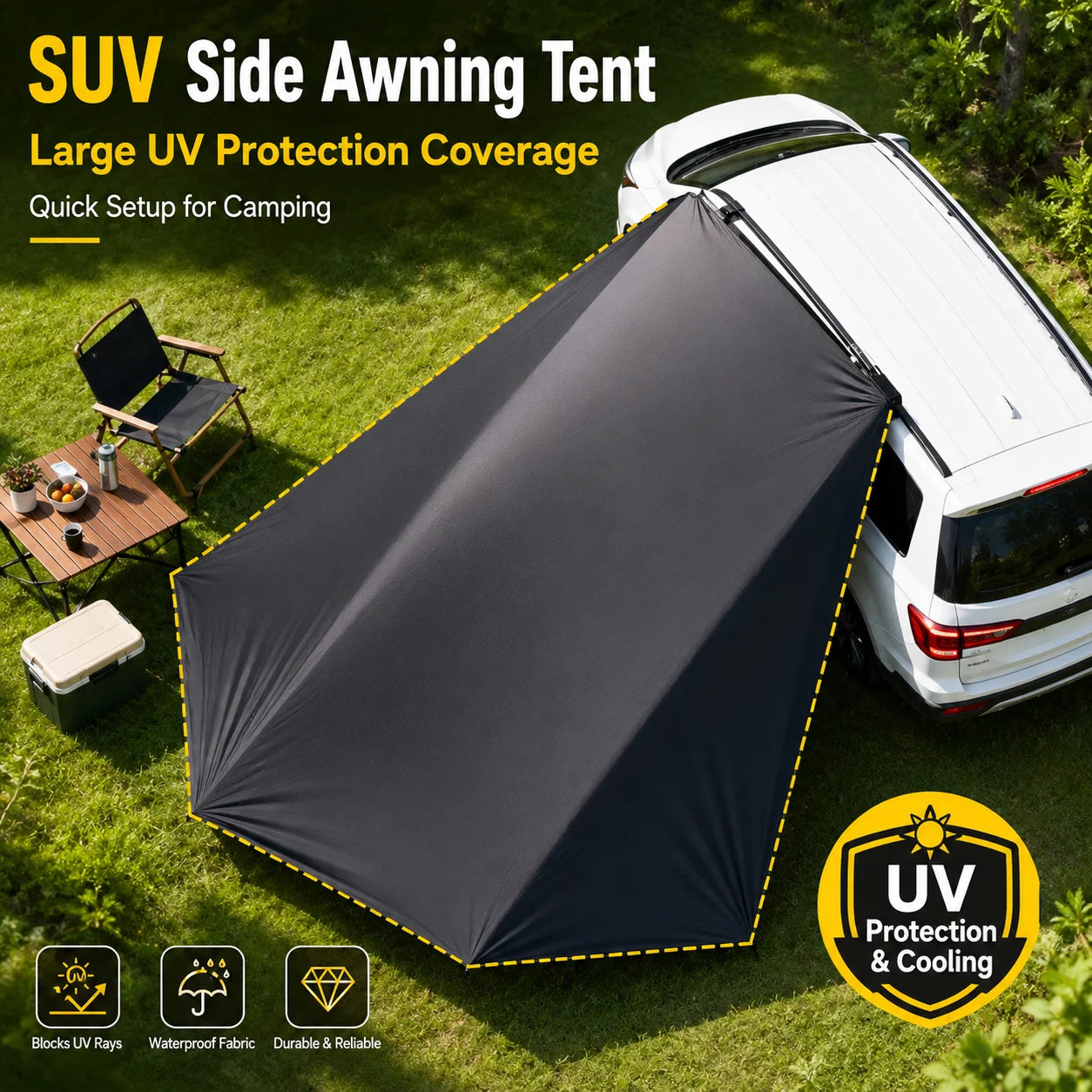 SUV Side Awning, Suction Cup Sun Shade Canopy, Silver Black Coated UV Protection Car Tent for Self-driving Camping