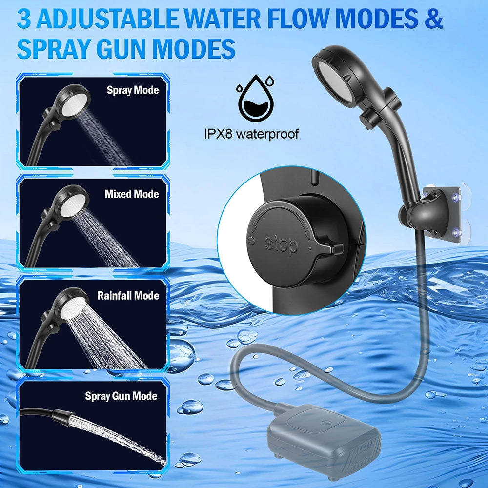New Portable Camping Shower Pump Outdoor Shower Kit with Elements Filter, 3 Modes, Digital Display for Camping Pet Bath Car Wash