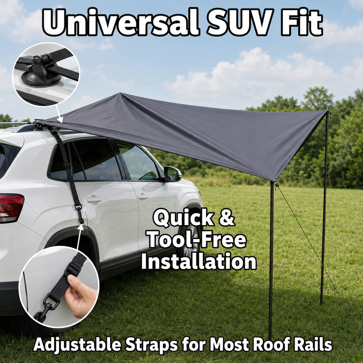 SUV Side Awning, Suction Cup Sun Shade Canopy, Silver Black Coated UV Protection Car Tent for Self-driving Camping