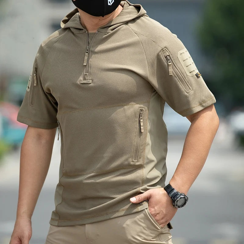 Summer Short Sleeve Hooded Tactical T-shirt Training Uniform Men's Breathable Quick Dry Outdoor Sports Hiking Camping T Shirt