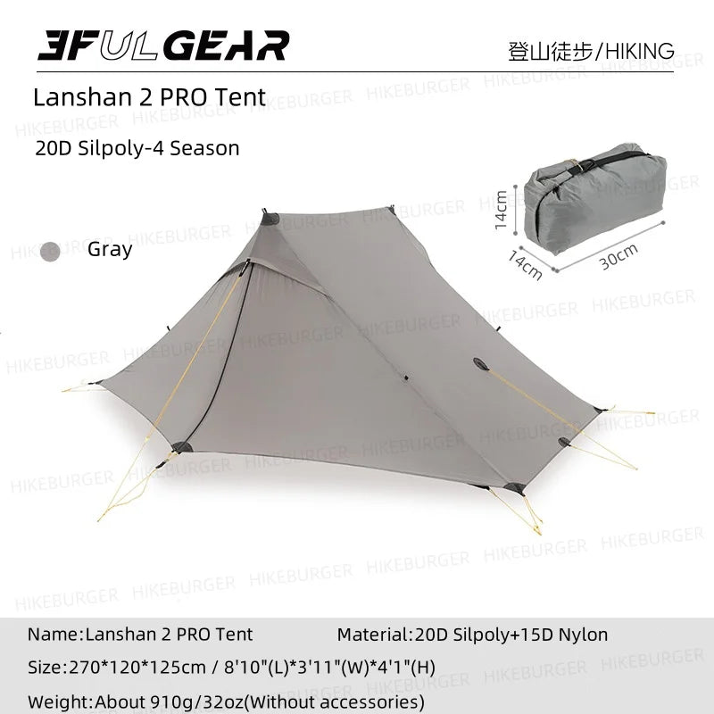 3F UL GEAR Lanshan 2 Pro 2026 Silpoly/Silnylon Tent Outdoor Ultralight Poleless Tent T-zip Doors Waterproof Hiking Backpacking