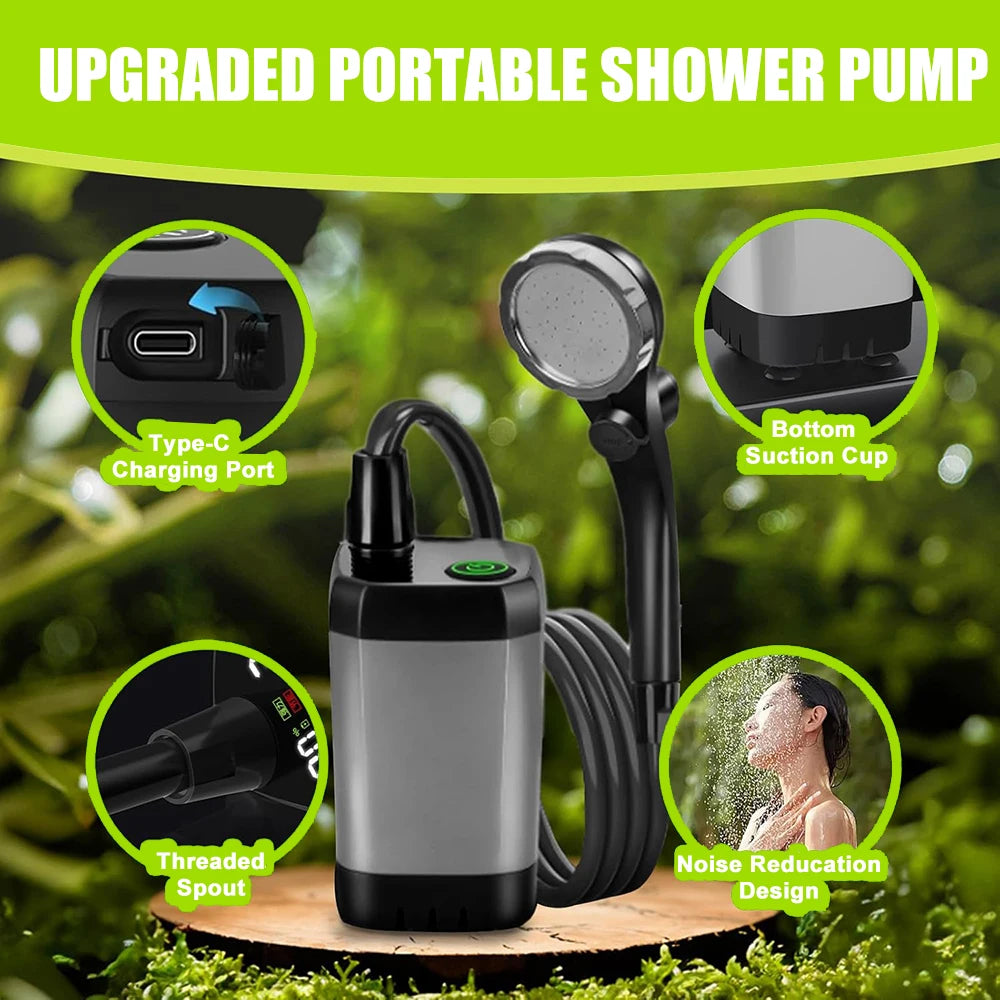 Outdoor Camping Shower Portable Electric Shower Pump Waterproof Adjustable, Shower Tool with 2M Hose, for Outdoor Home Cleaning
