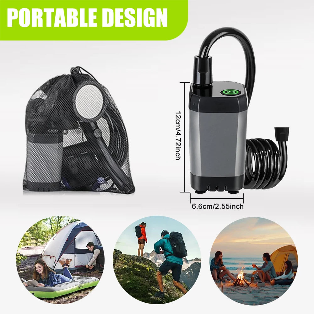 Outdoor Camping Shower Portable Electric Shower Pump Waterproof Adjustable, Shower Tool with 2M Hose, for Outdoor Home Cleaning