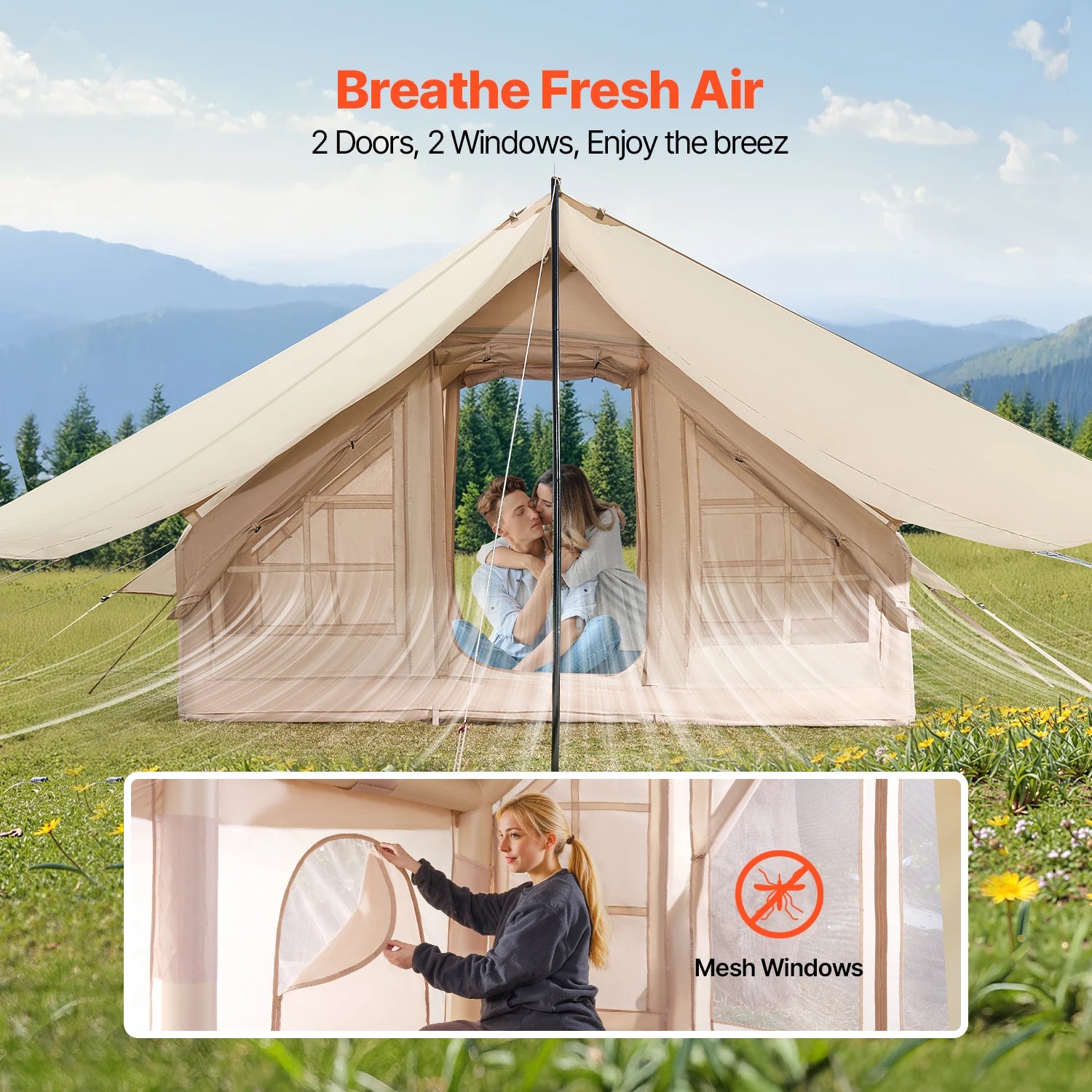 SucceBuy Inflatable Tents for Camp 3-5 Person Easy Setup Blow up Tent with Hand Pump 300D Oxford Tent with Doors & Mesh Windows
