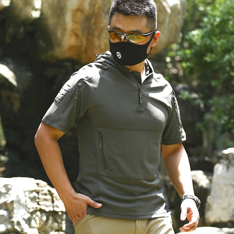 Summer Short Sleeve Hooded Tactical T-shirt Training Uniform Men's Breathable Quick Dry Outdoor Sports Hiking Camping T Shirt
