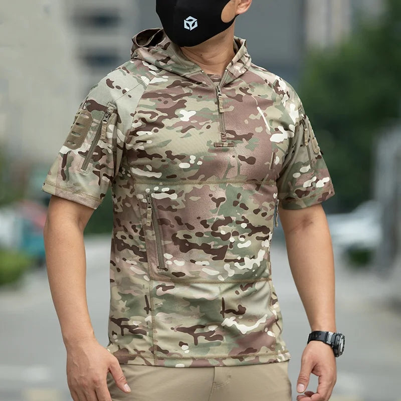 Summer Short Sleeve Hooded Tactical T-shirt Training Uniform Men's Breathable Quick Dry Outdoor Sports Hiking Camping T Shirt