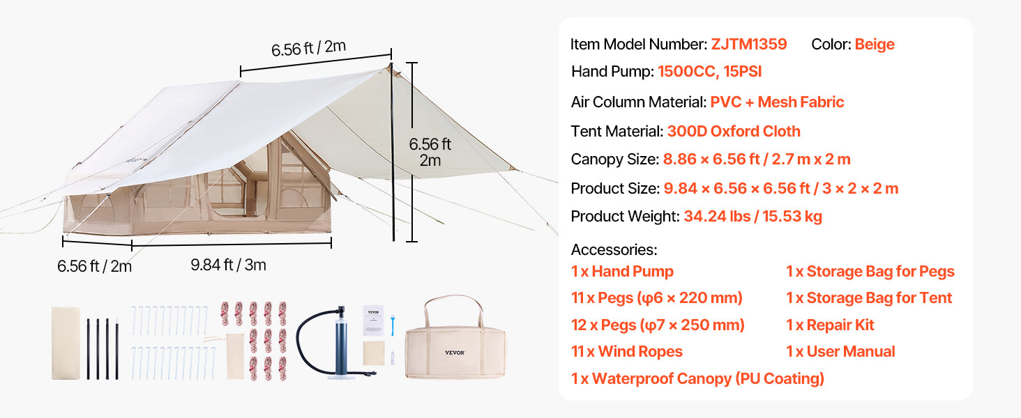 SucceBuy Inflatable Tents for Camp 3-5 Person Easy Setup Blow up Tent with Hand Pump 300D Oxford Tent with Doors & Mesh Windows