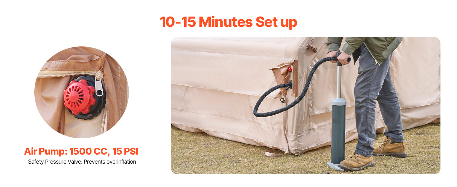 SucceBuy Inflatable Tents for Camp 3-5 Person Easy Setup Blow up Tent with Hand Pump 300D Oxford Tent with Doors & Mesh Windows